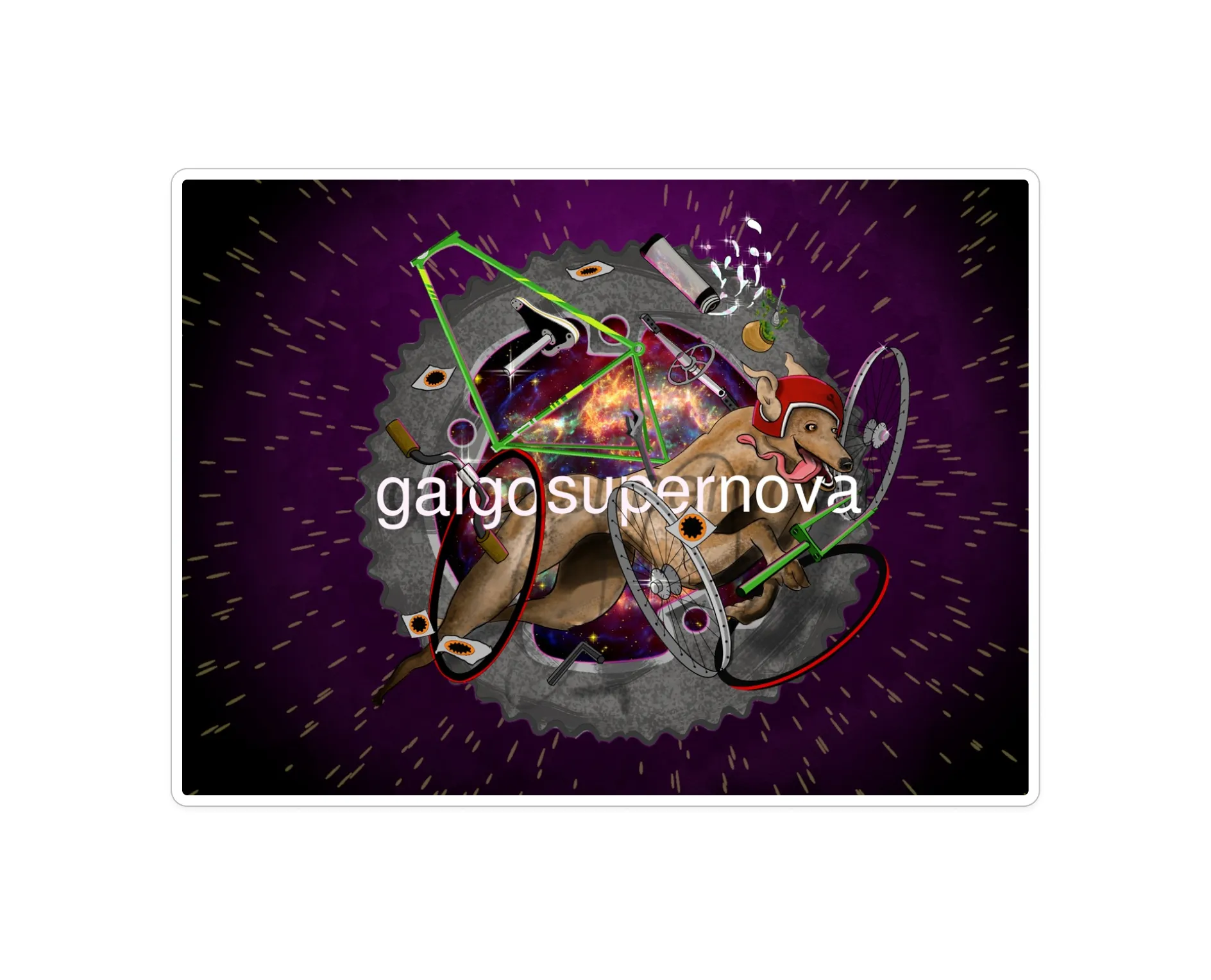 Ilustración de un galgo con casco rojo corriendo entre partes de bicicletas y mate, sobre un fondo de supernova.